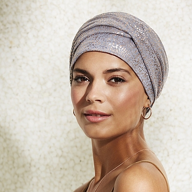 TURBANTE ELLY V - GRIS JASPEADO CON DORADO